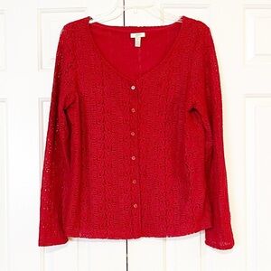 J. Jill Deep Red Lace Long Sleeve Button Front Cardigan. Size Women;'s Medium
